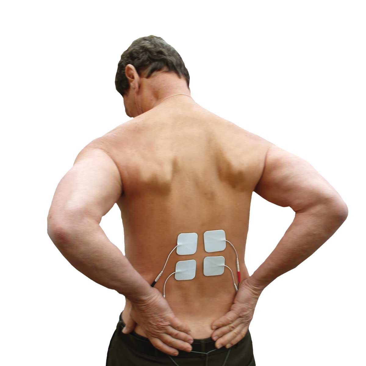 Reduce muscle spasm or knots - The picture shows a man holding his lower back, top off to show the placement of lumbar tens machine electrodes - 4 are placed on his lower back